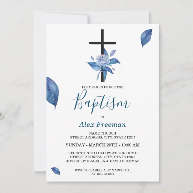 Invitación Baptismo floral Rosa de acuarela con escritura azu (Anverso)