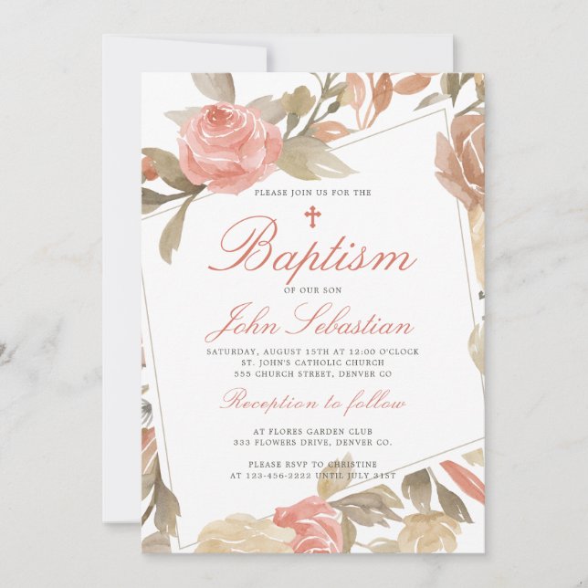 Invitación Baptismo floral rosa elegante acuarela (Anverso)