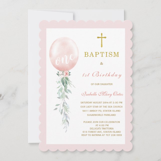 Invitación Baptismo floral rosa Rubor y primer cumpleaños en (Anverso)