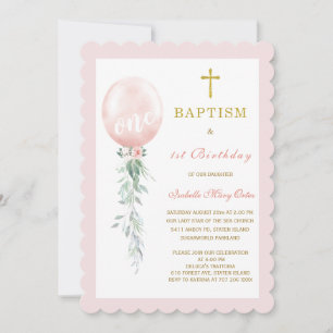 Invitación Baptismo floral rosa Rubor y primer cumpleaños en