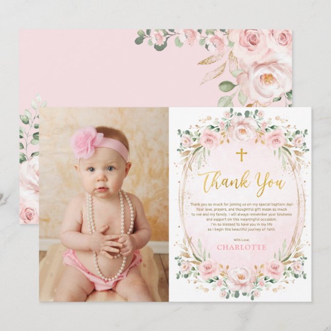Invitación Baptismo floral rosado Christening Thank You Card (Anverso / Reverso)