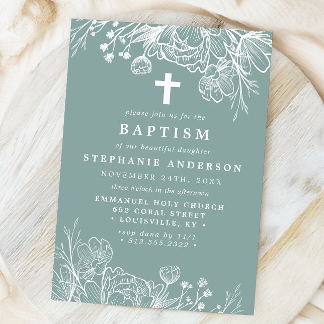 Invitación Baptismo floral seco Verde azulado y blanco (Subido por el creador)