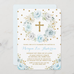 Invitación Baptismo floral suave dorado azul Christy
