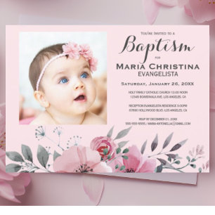 Invitación BAPTISMO floral suave rosa elegante