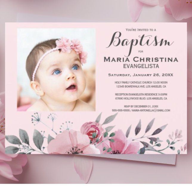 Invitación BAPTISMO floral suave rosa elegante (Subido por el creador)