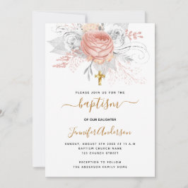 Invitación Baptismo florales de oro rosa chica blanco elegant