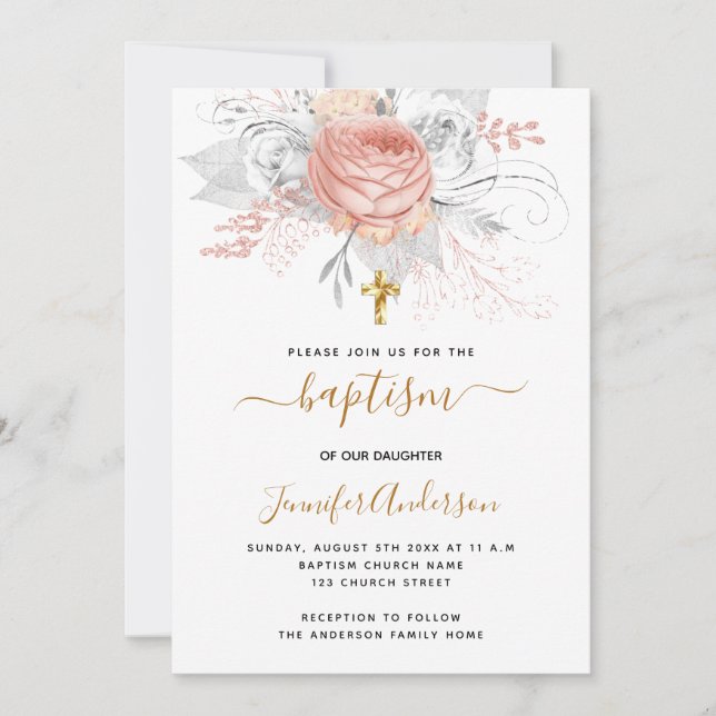 Invitación Baptismo florales de oro rosa chica blanco elegant (Anverso)