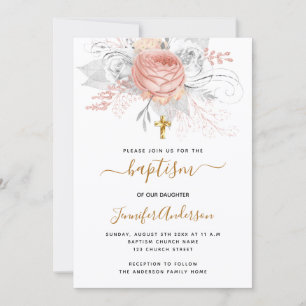 Invitación Baptismo florales de oro rosa chica blanco elegant