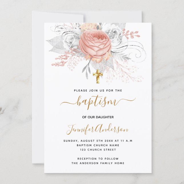 Invitación Baptismo florales de oro rosa chica blanco elegant (Anverso)