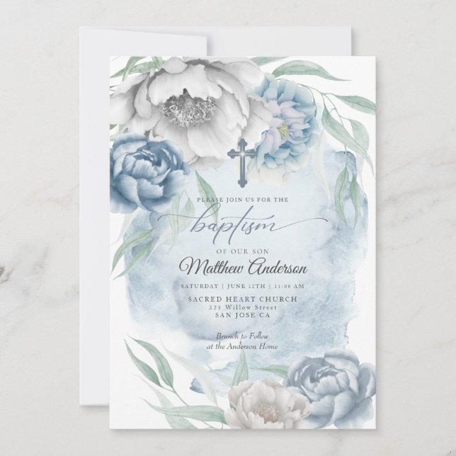 Invitación BAPTISMO Flores de alabastro azul ruidosas (Anverso)