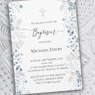 Invitación Baptismo flores de color azul pequeño