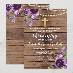 Invitación Baptismo Flores Púrpuras Luces Christening Wood