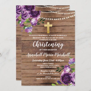 Invitación Baptismo Flores Púrpuras Luces Cristalizadoras Mad