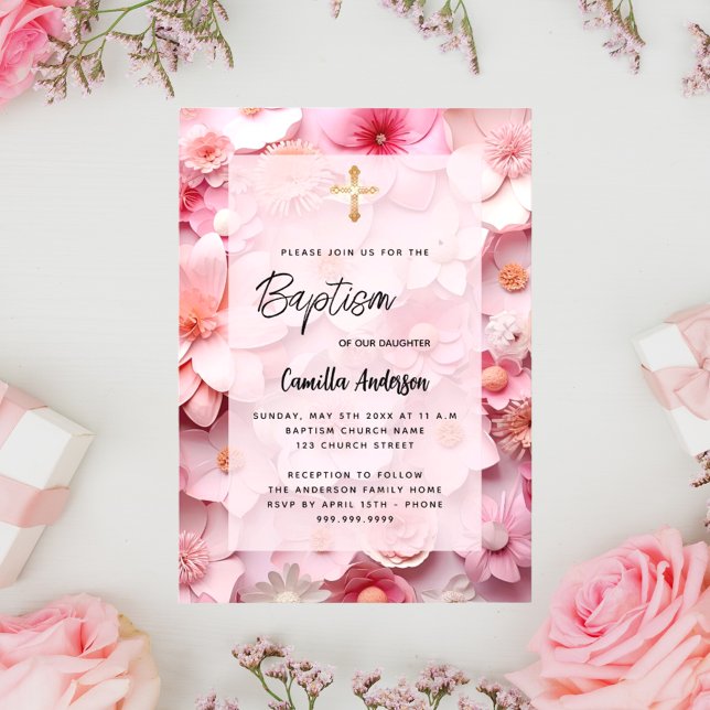 Invitación Baptismo flores rosadas negras bebé (Subido por el creador)
