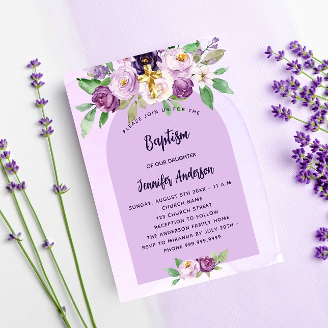 Invitación Baptismo flores violeta cruza el lujo chica (Subido por el creador)