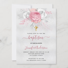 Invitación Baptismo florines de color rosa plateado chica bla
