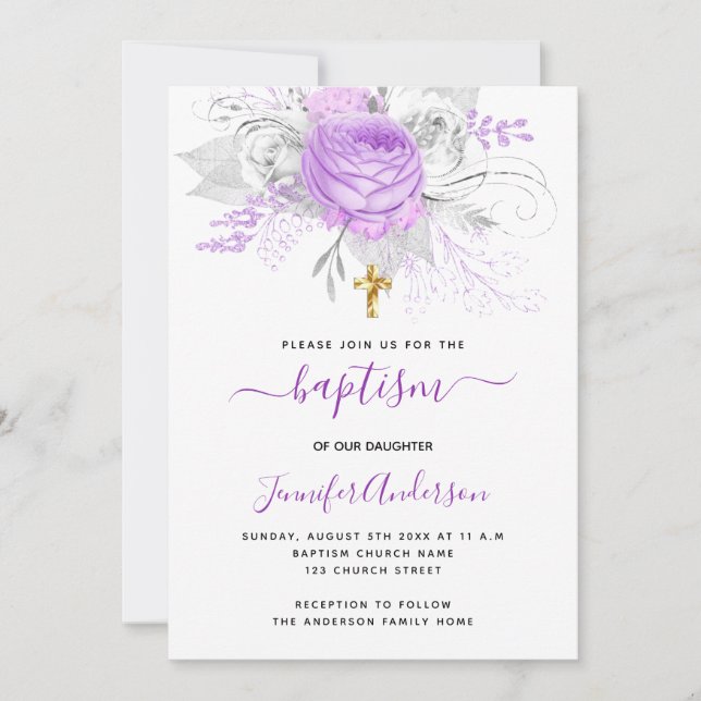 Invitación Baptismo florines púrpura chica blanco elegante (Anverso)