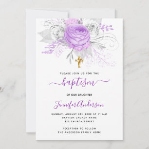 Invitación Baptismo florines púrpura chica blanco elegante