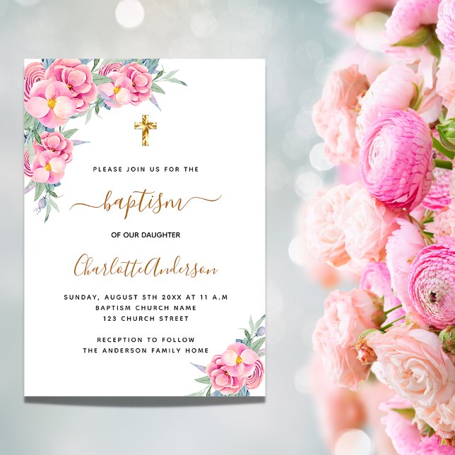 Invitación Baptismo floros rosados rosa chica oro elegante (Subido por el creador)
