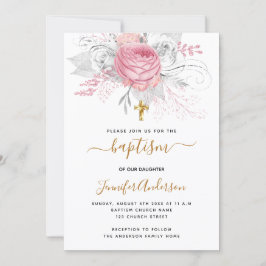 Invitación Baptismo floros rosas chica blanco elegante