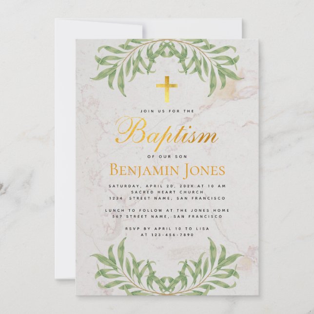 Invitación Baptismo Foliage Faux Gold Cross Calligraphy Marbl (Anverso)