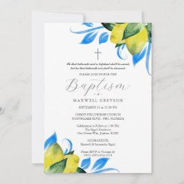 Invitación Baptismo Foliage limón Religioso Azul italiano