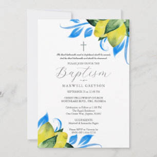 Invitación Baptismo Foliage limón Religioso Azul italiano
