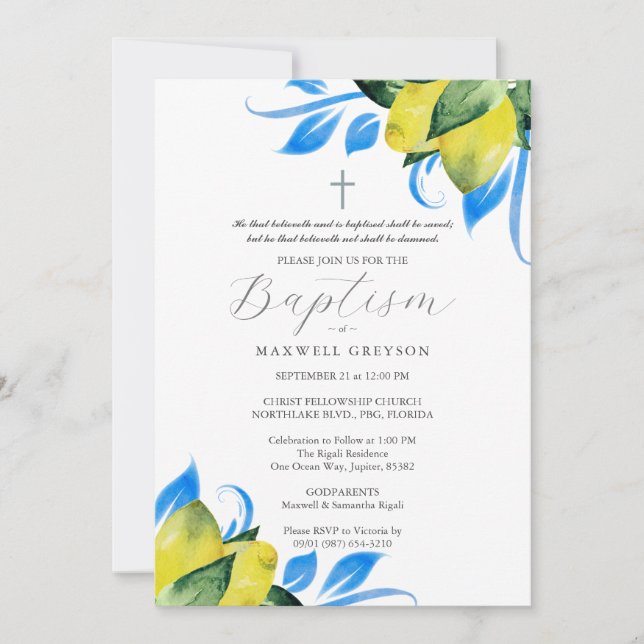 Invitación Baptismo Foliage limón Religioso Azul italiano (Anverso)