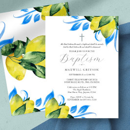 Invitación Baptismo Foliage limón Religioso Azul italiano