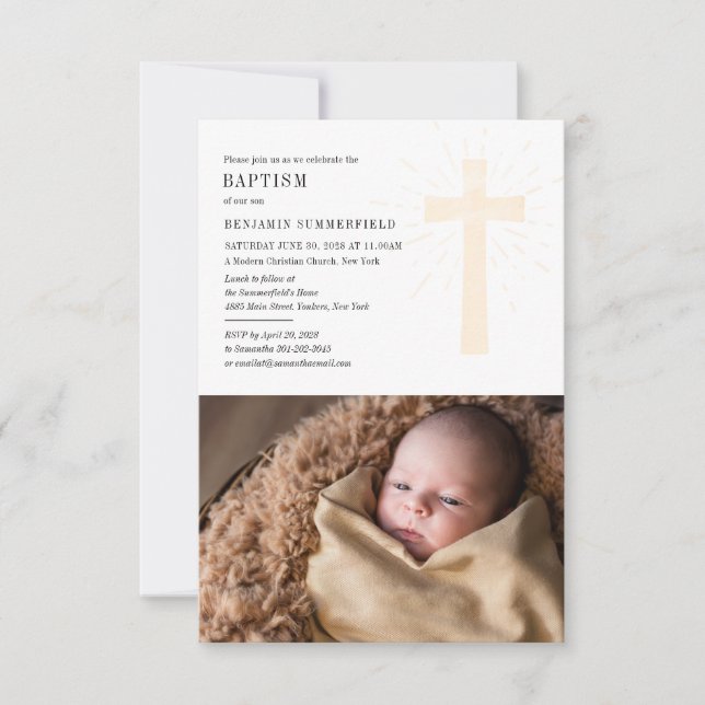 Invitación Baptismo Foto Bebé Elegante Evento Religioso (Anverso)