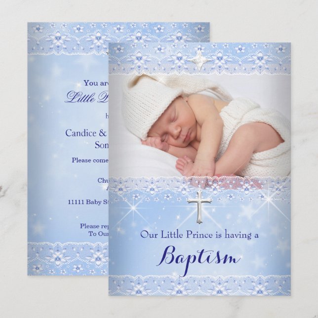 Invitación Baptismo Foto de niño con encaje azul (Anverso / Reverso)