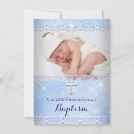 Invitación Baptismo Foto de niño con encaje azul