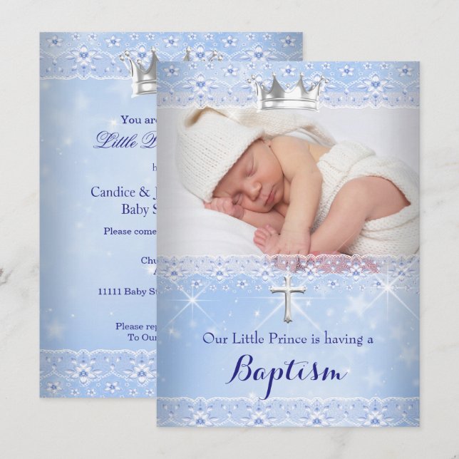 Invitación Baptismo Foto de niño Corona Azul (Anverso / Reverso)