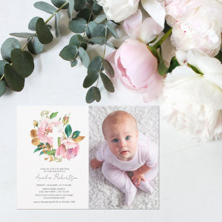 Invitación Baptismo Foto Floral Chica acuarela
