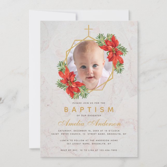 Invitación Baptismo Foto Invierno Poinsettia Marble Gold Flor (Anverso)