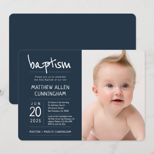 Invitación Baptismo| Foto moderna + simple (Anverso / Reverso)