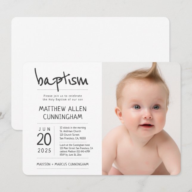 Invitación Baptismo| Foto moderna + simple (Anverso / Reverso)