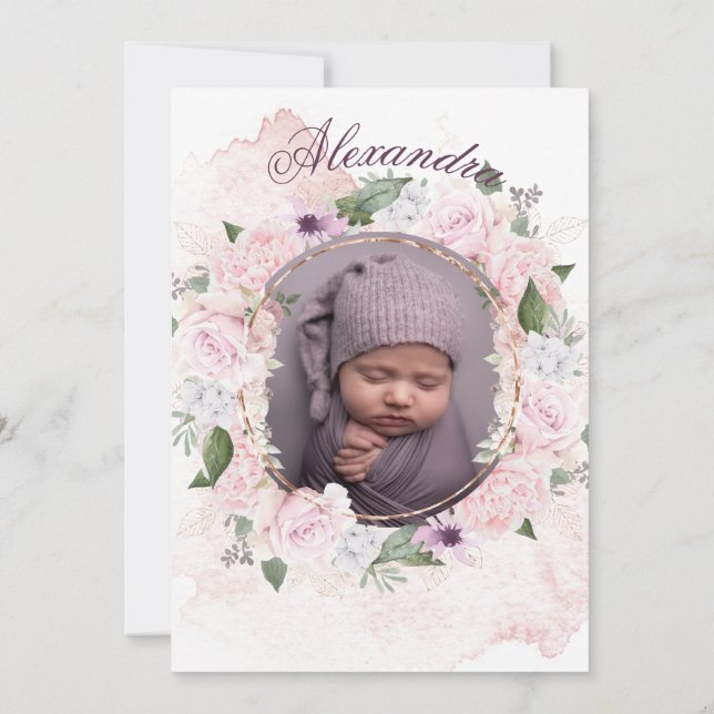 Invitación Baptismo Foto Rosa Rosa Rosa Rosa Rosa Chicas Flor (Reverso)