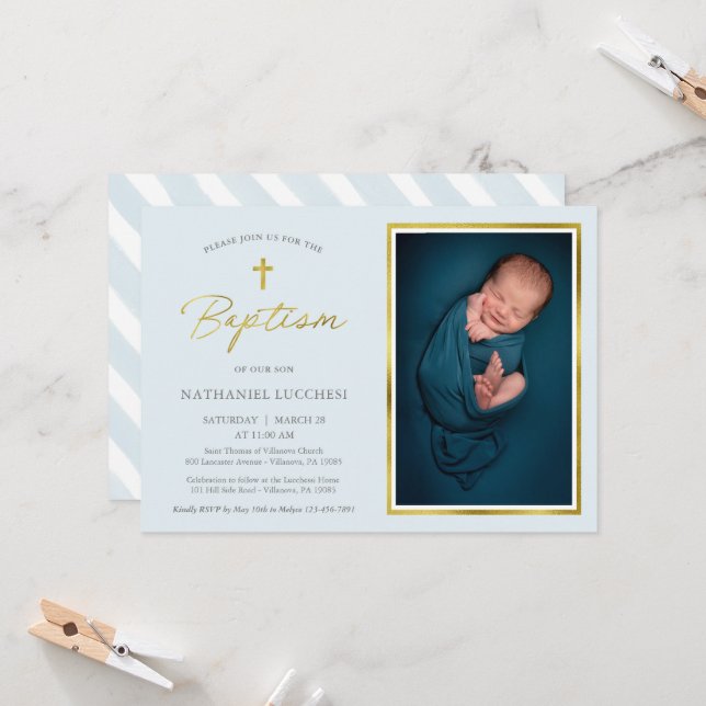 Invitación Baptismo fotográfico clásico con guiones azules y  (Anverso/Reverso In Situ)
