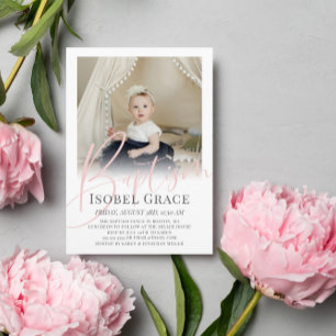 Invitación Baptismo fotográfico con guión rosado de Rubor