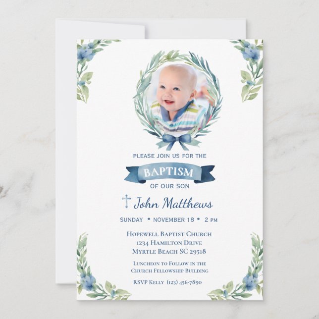 Invitación Baptismo fotográfico Cruz Azul Floral Boys (Anverso)