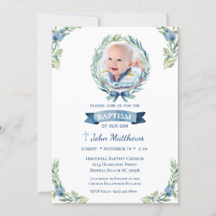 Invitación Baptismo fotográfico Cruz Azul Floral Boys
