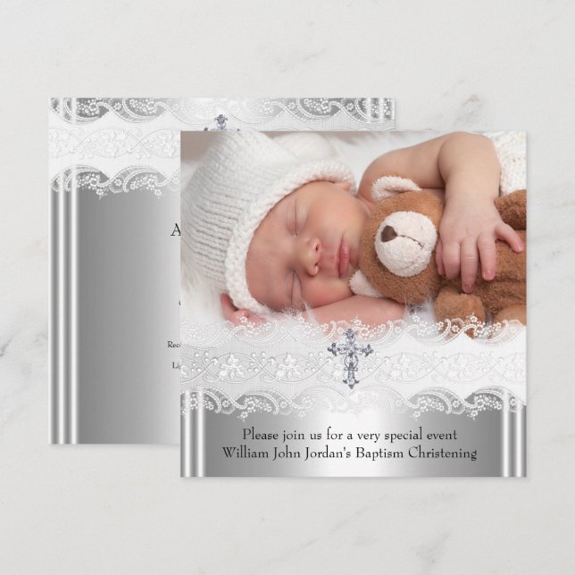 Invitación Baptismo fotográfico Cruz de encaje Niño Chica Pla (Anverso / Reverso)