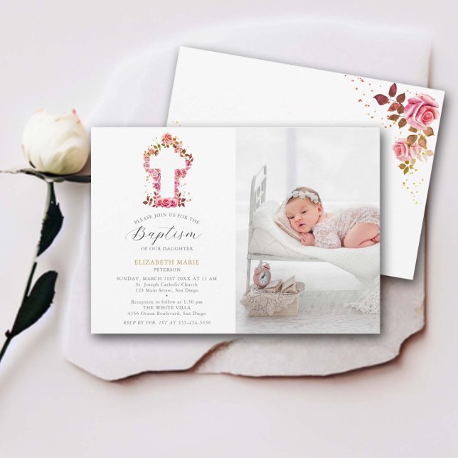 Invitación Baptismo fotográfico de bebes rosadas de la Cruz B (pink roses gold glitter white cross baby girl baptism christening invitation photo elegant modern )