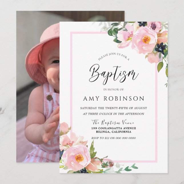 Invitación Baptismo fotográfico de Chicas de flores de Rubor (Anverso / Reverso)