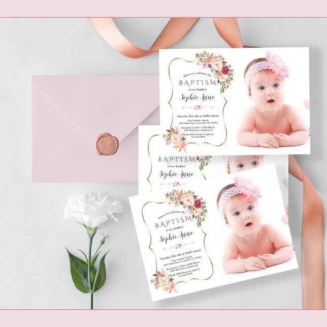 Invitación Baptismo fotográfico de Chicas de oro de las flore (trendy girl baptism photo invitation, elegant pink floral baptism photo, modern baptism)