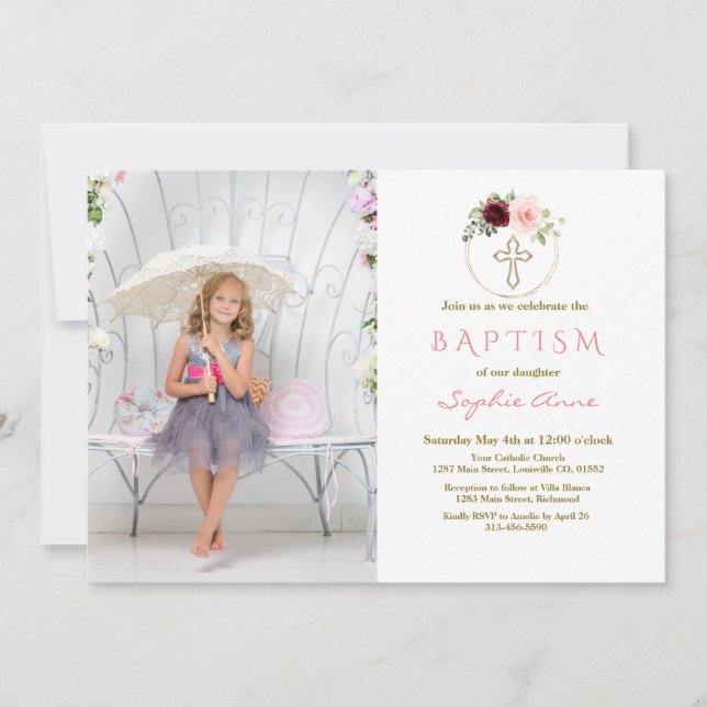 Invitación Baptismo fotográfico de cruz floral rosa de Borgoñ (Anverso)