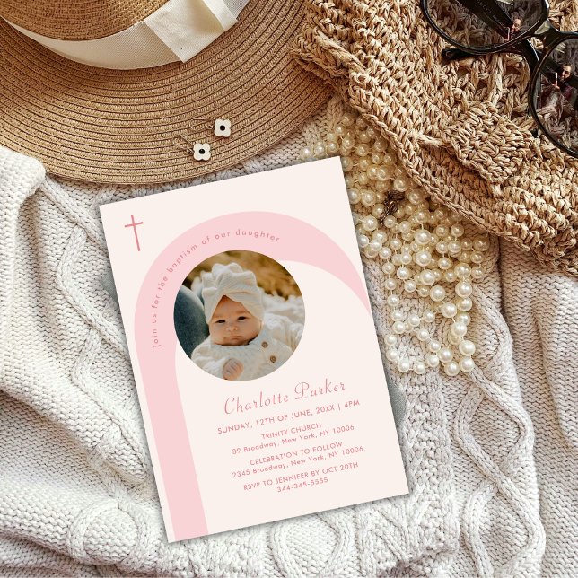 Invitación Baptismo fotográfico de la Cruz Chica Rosa-Moderna (Pink Modern Boho Arch Cross Girl Photo Baptism Invitation)