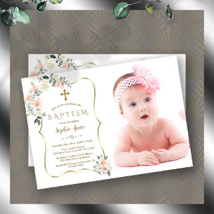 Invitación Baptismo fotográfico de marco dorado de flores bla