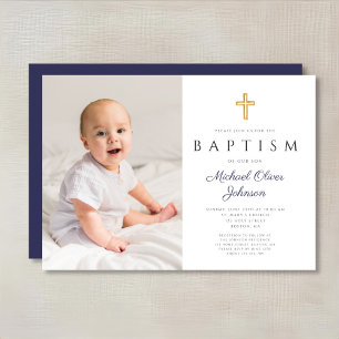 Invitación Baptismo fotográfico de Navy Blue Script Cross Boy
